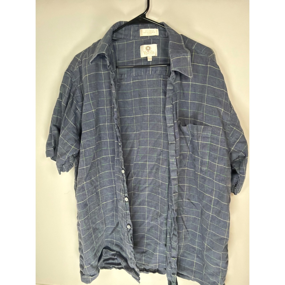 Viyella Mens Blue Windowpane Check 100% Linen Short Sleeve Button Down Shirt L